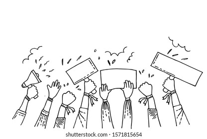 Hand Drawn Vector Doodle Fist Hand, Protest Symbol, Power Sign. People Protesting About Something, With The  Blank Protest Board 