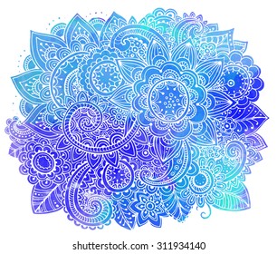 Hand drawn vector doodle flowers with watercolor texture.