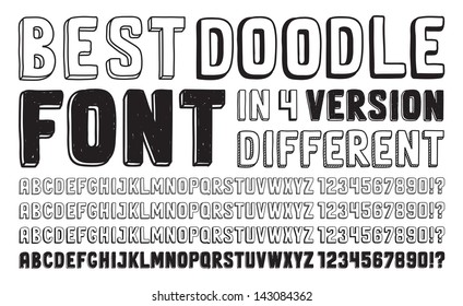 Hand drawn vector doodle font set in four versions of different letters and numbers. Isolated on white background