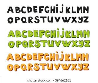 Hand drawn vector doodle font set in three versions - black, green and orange. Isolated on white background