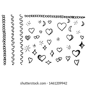 Hand drawn vector doodle girly elements for banners, menu design. Stars, hearts, deviders