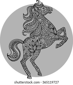 Hand drawn vector doodle horse illustration. Abstract decorative monochrome horse drawing