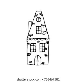Hand drawn vector doodle houses. Adult coloring book pages template. Child simple illustration. Black and white sketch.