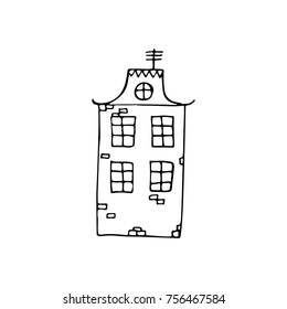 Hand drawn vector doodle houses. Adult coloring book pages template. Child simple illustration. Black and white sketch.
