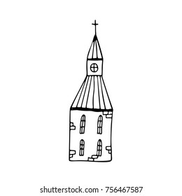 Hand drawn vector doodle houses. Adult coloring book pages template. Child simple illustration. Black and white sketch.