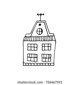 Hand drawn vector doodle houses. Adult coloring book pages template. Child simple illustration. Black and white sketch.