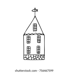 Hand drawn vector doodle houses. Adult coloring book pages template. Child simple illustration. Black and white sketch.