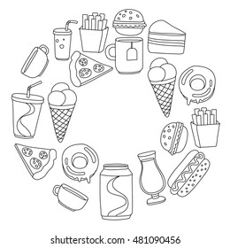 Hand drawn vector doodle icons for fast food menu, restaraunt