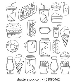 Hand drawn vector doodle icons for fast food menu, restaraunt