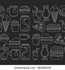 Hand drawn vector doodle icons for fast food menu, restaraunt