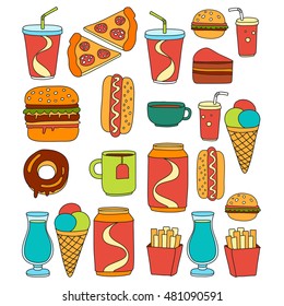 Hand drawn vector doodle icons for fast food menu, restaraunt