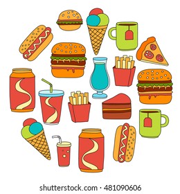 Hand drawn vector doodle icons for fast food menu, restaraunt