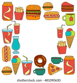 Hand drawn vector doodle icons for fast food menu, restaraunt
