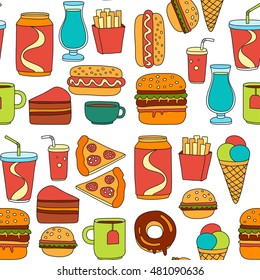 Hand drawn vector doodle icons for fast food menu, restaraunt