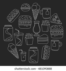 Hand drawn vector doodle icons for fast food menu, restaraunt