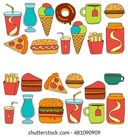 Hand drawn vector doodle icons for fast food menu, restaraunt