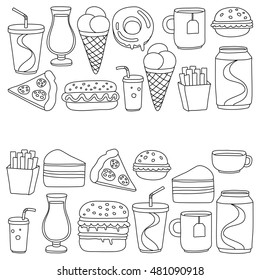 Hand drawn vector doodle icons for fast food menu, restaraunt