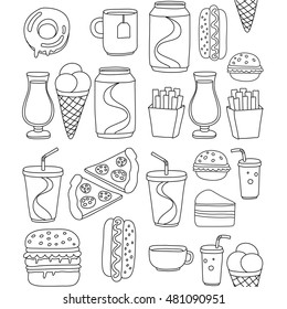 Hand drawn vector doodle icons for fast food menu, restaraunt