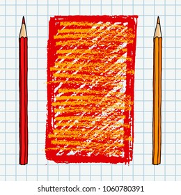 Hand drawn vector doodle illustration blank frame. Red and orange pencils and strokes art border over squared notebook page.
