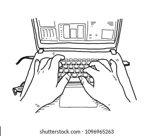 Hand Drawn Vector Doodle Illustration of Close Up Hands Typing on Laptop Keyboard Browsing the Internet.