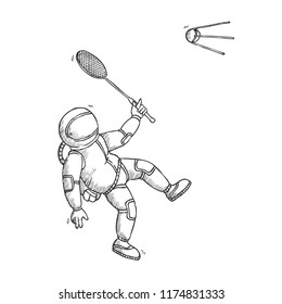 Hand Drawn Vector Doodle Illustration. Sketch with Astronaut playing badminton on white background.