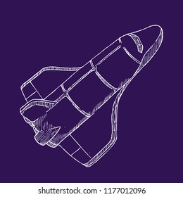 Hand Drawn Vector Doodle Illustration. Sketch with space shuttle on blue background.