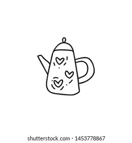 Hand drawn vector doodle illustration of tea kettle. Teapot icon line symbol. Monoline quality sketch art isolated element in trendy style