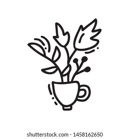 Hand drawn vector doodle illustration of tea cup. Mug icon line symbol. Monoline quality sketch art with leaves and berries