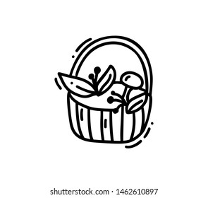 Hand drawn vector doodle illustration of tea cup. Basket with burries and mushrooms icon line symbol. Monoline quality sketch