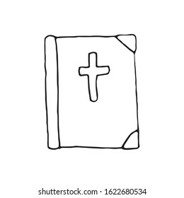 Hand drawn vector doodle illustration of Holy Bible with cross symbol on it. Black outlines isolated on white background. Single element for design. 
