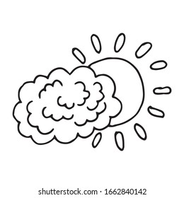 Hand drawn vector doodle illustration of sun with cloud. Black outlines isolated on white background. Spring holiday design element. Decorative element for design, printed materials.
