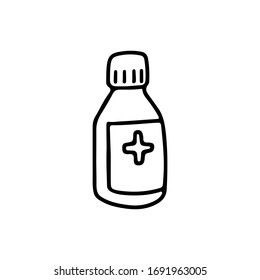 Hand drawn vector doodle illustration  bottle with cross. Container for mixture or product for care and hygiene isolated on white background. Health and care. Design for clinics, hospitals, pharmacie