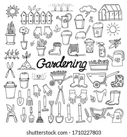 Hand drawn vector doodle illustration set of garden tools and lettering isolated on white background.  Wheelbarrow, rake, scoop, boots, spade, gloves, secateurs, buckets, scissors, pot, leaves