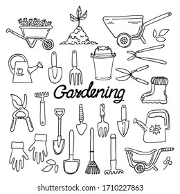 Hand drawn vector doodle illustration set of garden tools and lettering isolated on white background.  Wheelbarrow, rake, scoop, boots, spade, gloves, secateurs, buckets, scissors, pot, leaves