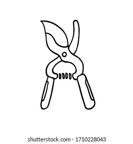 Hand drawn vector doodle illustration of gardening tool secateur isolated on white background. Design for web, cards, textiles, wrapping paper, packaging, prints, coloring book