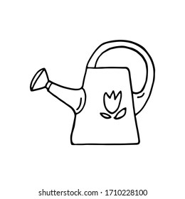 Hand drawn vector doodle illustration of  watering can with flower isolated on white background. Spring cares in the garden. Gardening tool design for card, banner, logo, print. 