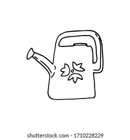 Dibujo manual de doodle vectorial de la lata de riego con la flor aislada en fondo blanco. La primavera cuida en el jardín. Diseño de herramientas de jardinería para tarjetas, banners, logotipos, impresión. 
