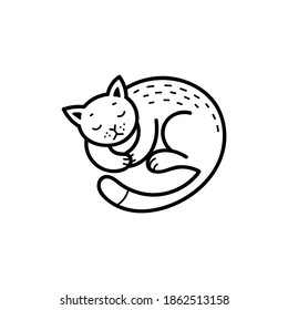 Hand drawn vector doodle illustration. Sleeping cat. Black outline isolated on white background