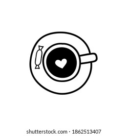 Handgezeichnete Vektordoodle-Illustration. Eine Tasse Kaffee mit Süßigkeiten. Schwarze Umrisse einzeln auf weißem Hintergrund