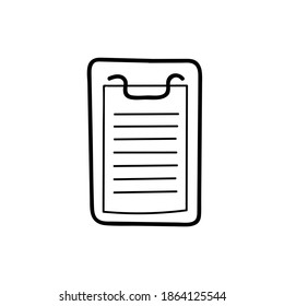 Ilustración del doodle vector dibujado a mano. hoja de papel en un comprimido. Esquema negro aislado en fondo blanco