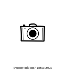 Hand drawn vector doodle illustration. Camera. Black outline isolated on white background