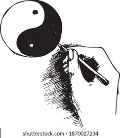 Hand drawn vector doodle illustration of yin yang. A hand drawing jin jang symbol. 