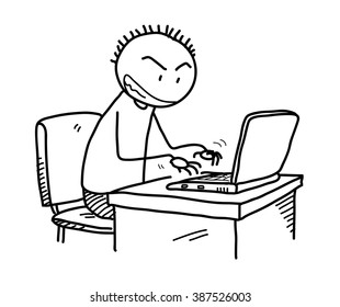 A hand drawn vector doodle illustration of stick figure character playing his laptop.