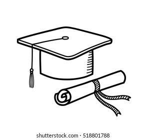 A Hand Drawn Vector Doodle Illustration Of A Graduation Cap And A Diploma.