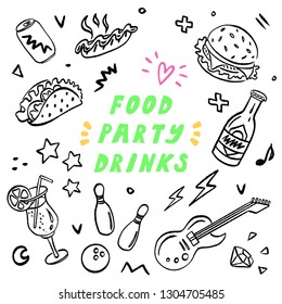 Hand drawn vector doodle illustrations of food, drinks, party, bowling, music fest. Food sketch elements in vector for your designs - burger, hot-dog, taco, lemonade, cocktail, party elements.