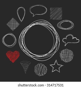 Hand Drawn Vector Doodle Isolated On Black Background. Vector Frame. Vector Highlighter Elements. Hand Drawn Doodles. Design Elements, Heart, Cloud, Cirlce. Collection Of Hand Drawn Doodle Style.