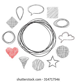 Hand Drawn Vector Doodle Isolated On White Background. Vector Frame. Vector Highlighter Elements. Hand Drawn Doodles. Design Elements, Heart, Cloud, Cirlce. Collection Of Hand Drawn Doodle Style.