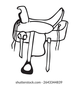 Hand drawn vector doodle of a leather western type saddle. Line art illustrations with wild west atmosphere