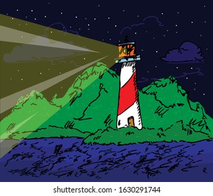 Hand drawn vector doodle lighthouse. Seascape and nature illustration.