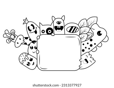 hand drawn vector or doodle line art with various cute characters